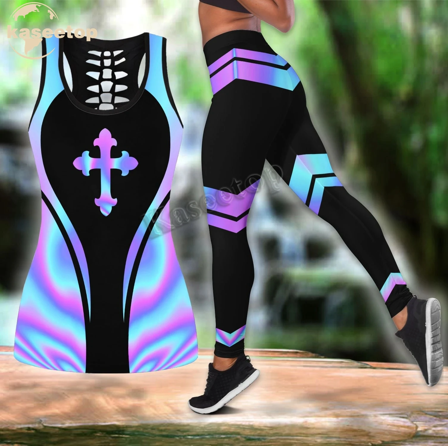 Kaseetop 3D We Love Jesus Combo Two Piece Yoga Set Women 3D Print Vest Hollow Out Hollow Tank & Legging Outfit Summer LK117