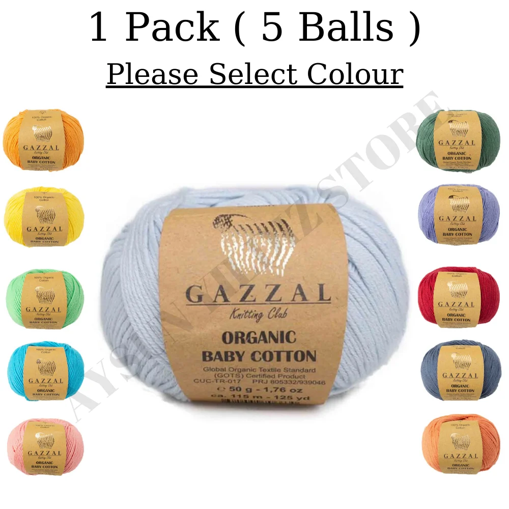 1 Pack ( 5 Balls ) Gazzal Organic Baby Cotton %100 Organic Cotton Yarn 50 Gram 115 Mt. All Color Option Crochet Tool Kit Thread