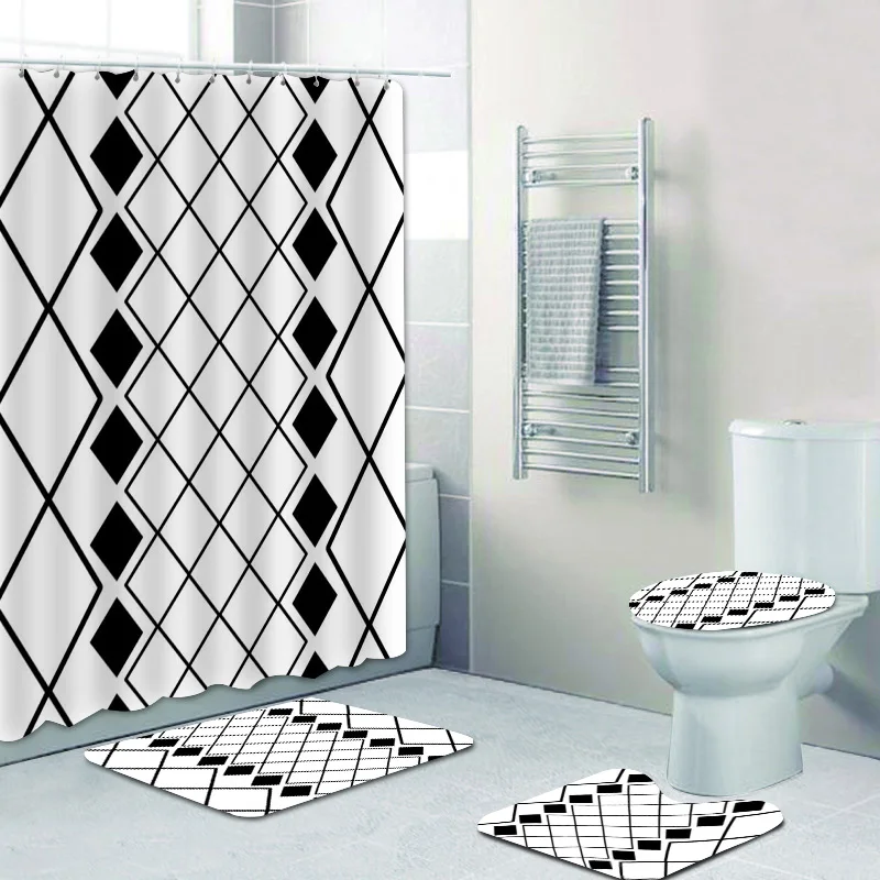 Simple Mid Century Modern Black White Geometric Pattern Bathroom Shower Curtain Set Retro Minimal Bath Curtains Mat Home Decor