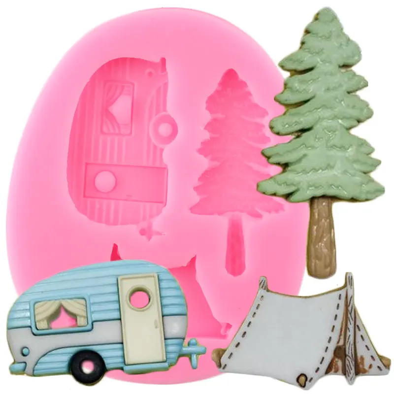 Camping Trailer Silicone Molds Tree Tent Cupcake Topper Fondant Cake Decorating Tools Candy Resin Clay Chocolate Gumpaste Moulds