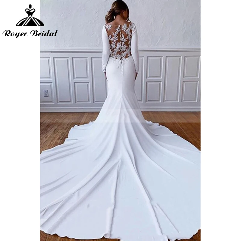 Semplice elegante o-collo manica lunga Cap Appliques di pizzo abito da sposa a sirena abito da sposa in raso pulsante Sweep abiti da pavimento