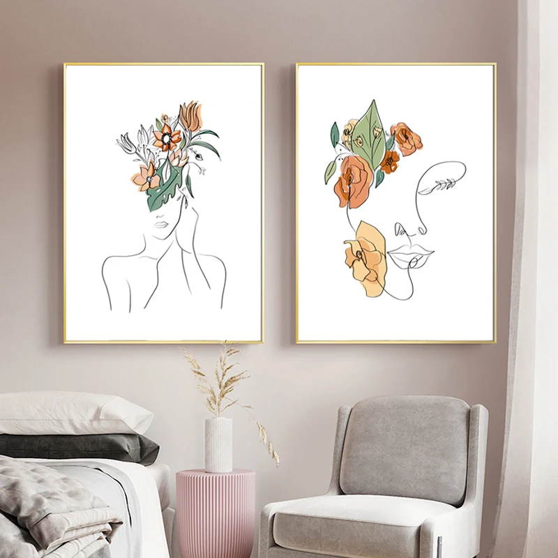 Abstract Woman Line Drawing Art Prints Watercolor Flower Leaves Plants Poster Minimalist Wall Art Canvas Pictures Painting Decor