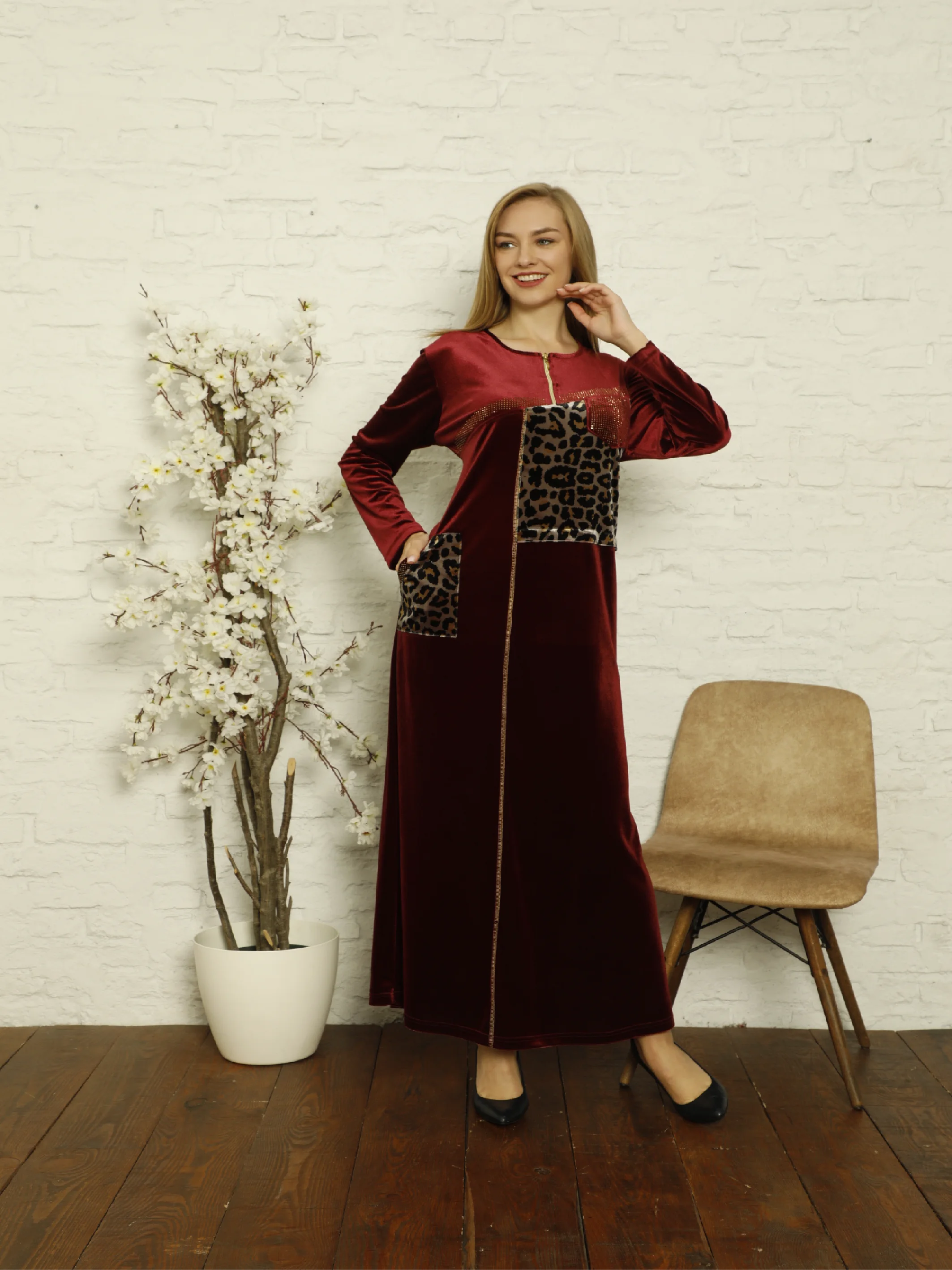 Laila 2021 New Season Autumn Winter Leopard print Pocket Stone Embroidered Long Shiny Velvet Fabric Kaftan Dubai Abaya Turkey Muslim Fashion Hijab