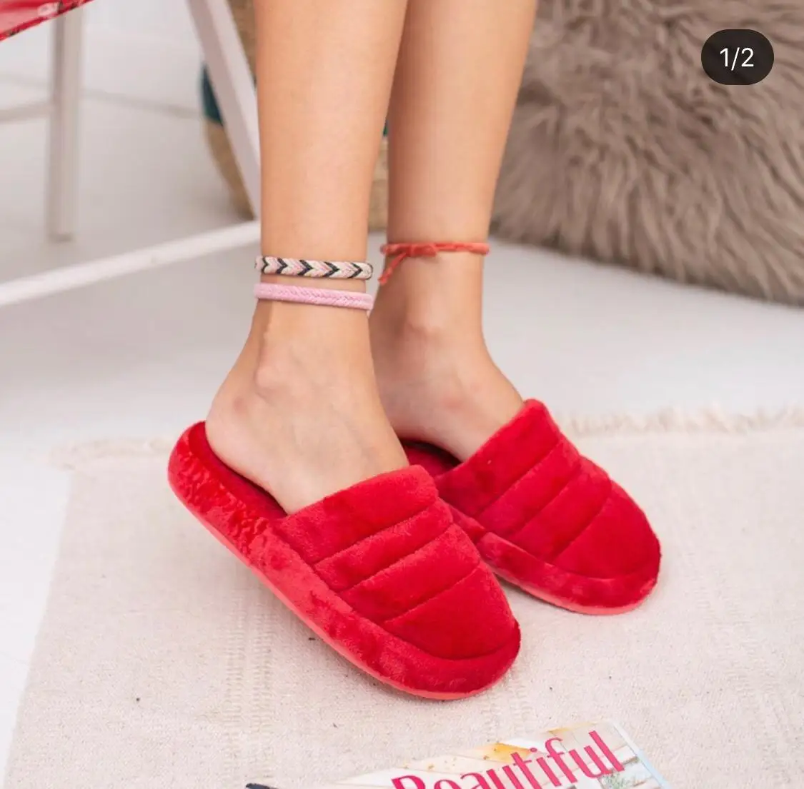 Women Home Slipper Front Closed Winter Flat Slippers Fur Velvet Soft Puff Sandals Red Grey Beige Black 2021 Trend Made İn Turkey