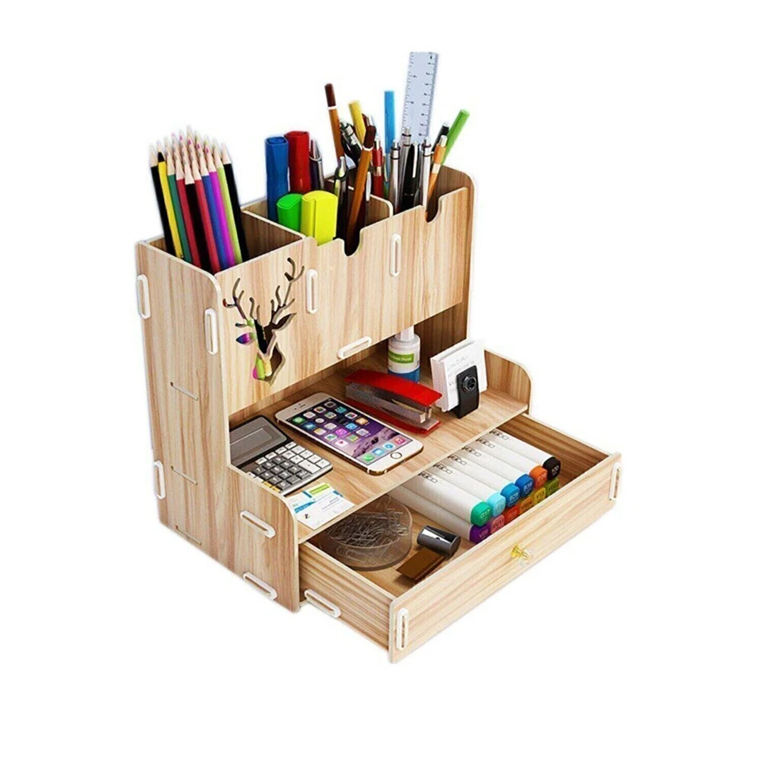 

Good Quality Desktop Storage Box Organizer Wooden Disassembled Cute Pen Holder With Drawer Desktop Kids Room Decor Study Room