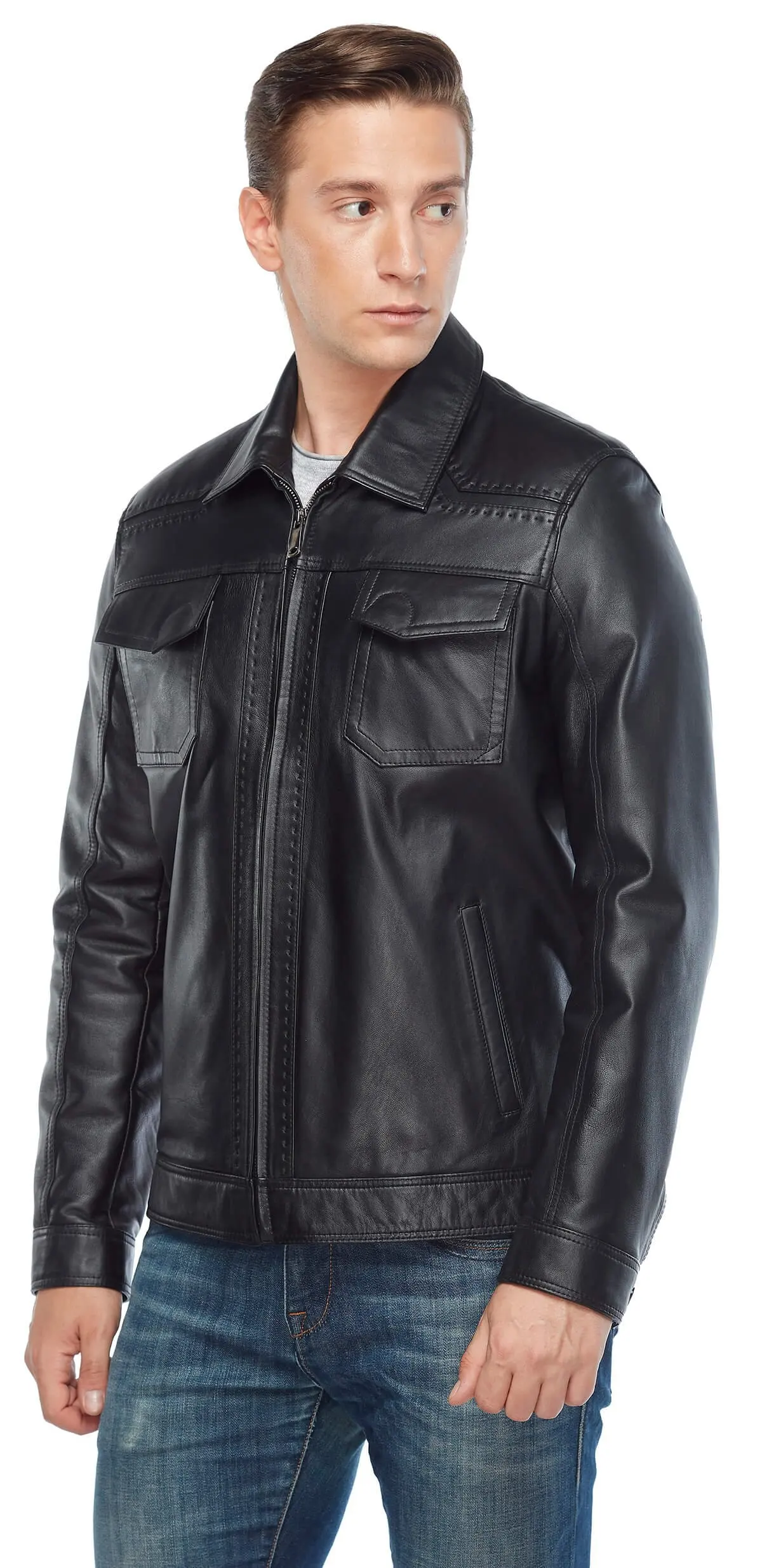 Marco Puntolu Phối Da Đen Gốc Da Cừu Thu Đông 2022 Biker Slim Size Lớn VintageTürkiye