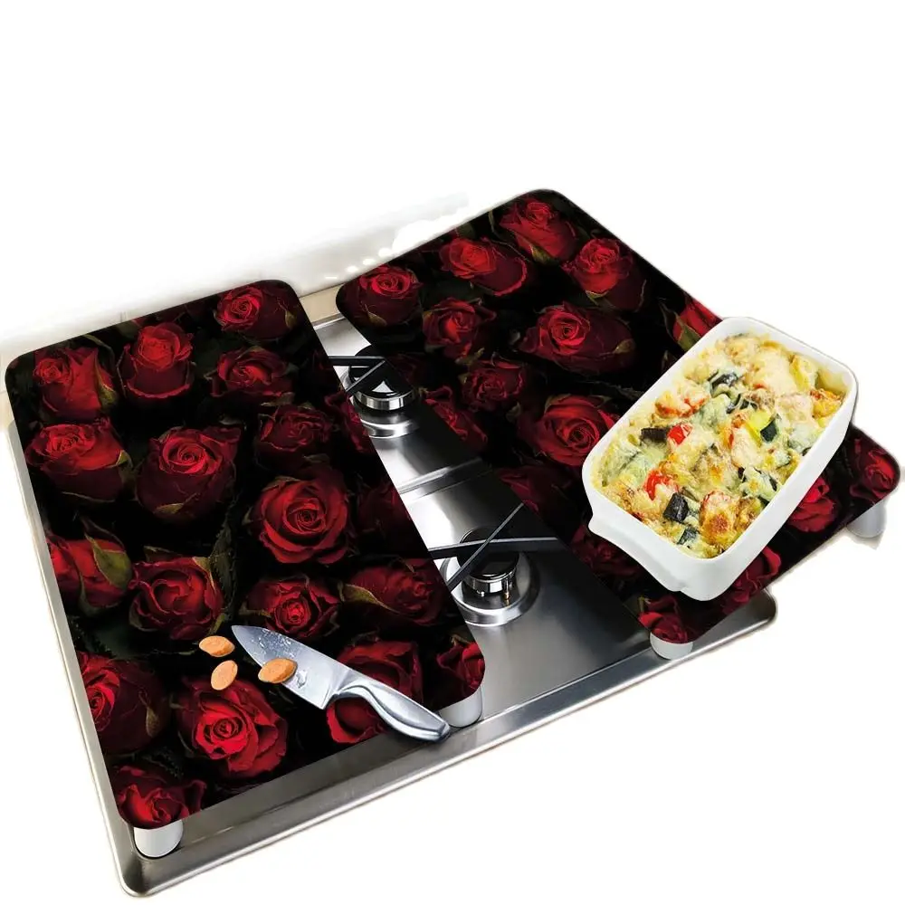 Kitchen Anti-Splash Glass Cooker Protective 2 PCs Glass Cutting Board and Cooker Protection Panel Black with Red Rose Print 30x52 cm