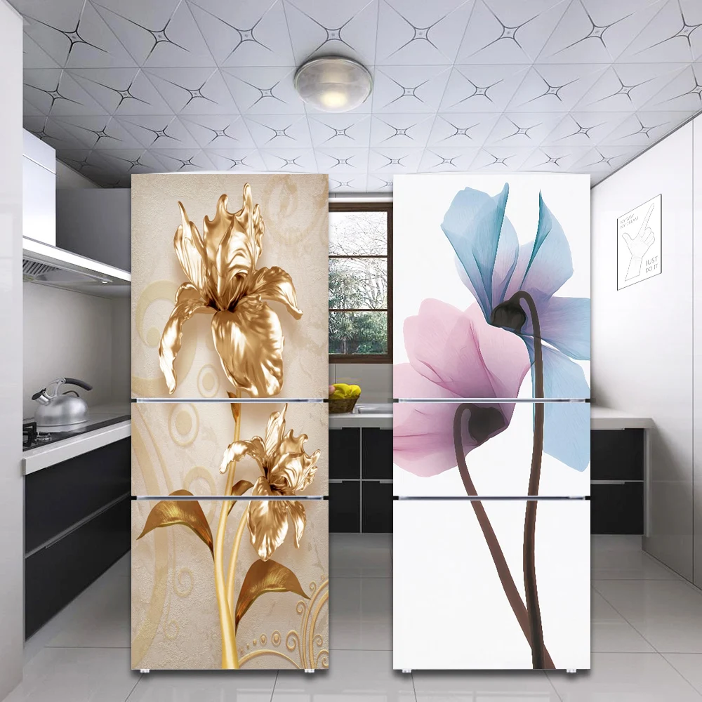 Kühlschrank Aufkleber Gold Rosa Blaue Blume PVC Küche Dekoration Volle Abdeckung Film Wohnzimmer