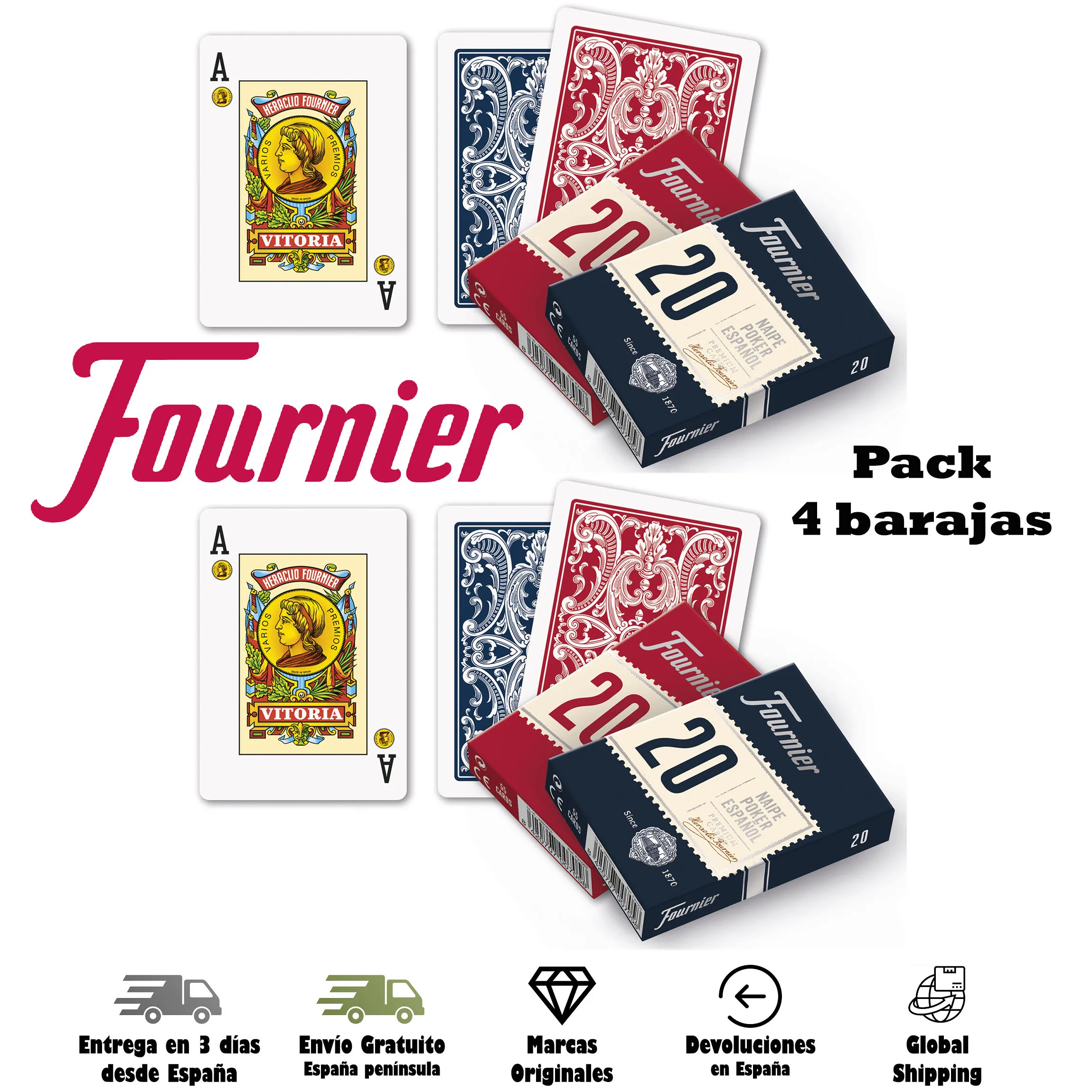 Fournier, Pack 4 decks, Spanish poker, 55 cards, play, family, game table Rabbi Remigio Ramundino, Total 220 cards