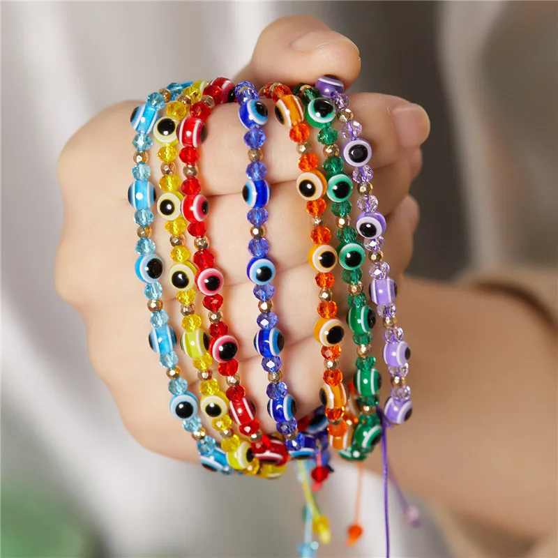 Fashion New Rainbow Crystal Beads Resin Evil Eye Beaded Bracelets For Couple Friends Charm Lucky Adjustable Bracelets Friendship