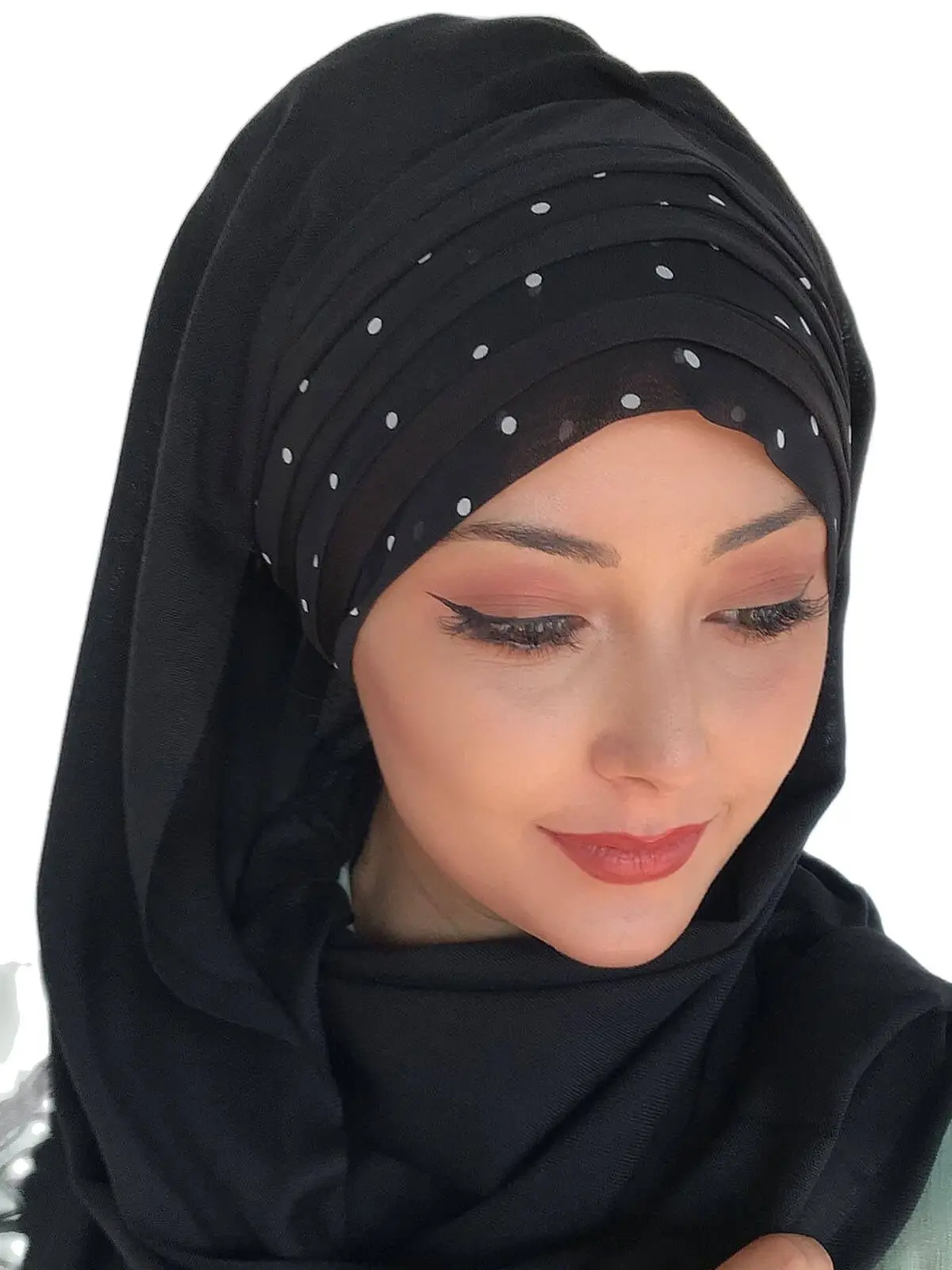 Yeni Moda Hijab Kadın 2021 Müslüman Başörtüsü İslami Türban Eşarp Bone Şapka Fular Beyaz Puantiyeli Siyah Renk Drapeli Hazır Şal