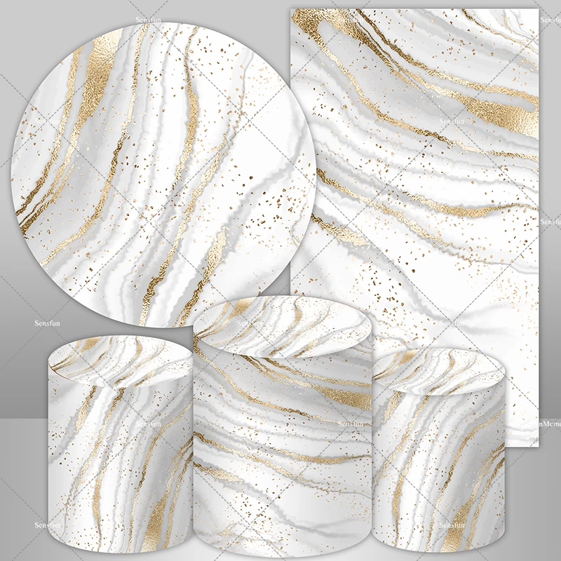 

White Gold Marble Round Circle Backdrop Cover for Party Decoration Banner Birthday Arched Wall Background Cylinder Plinth Cover