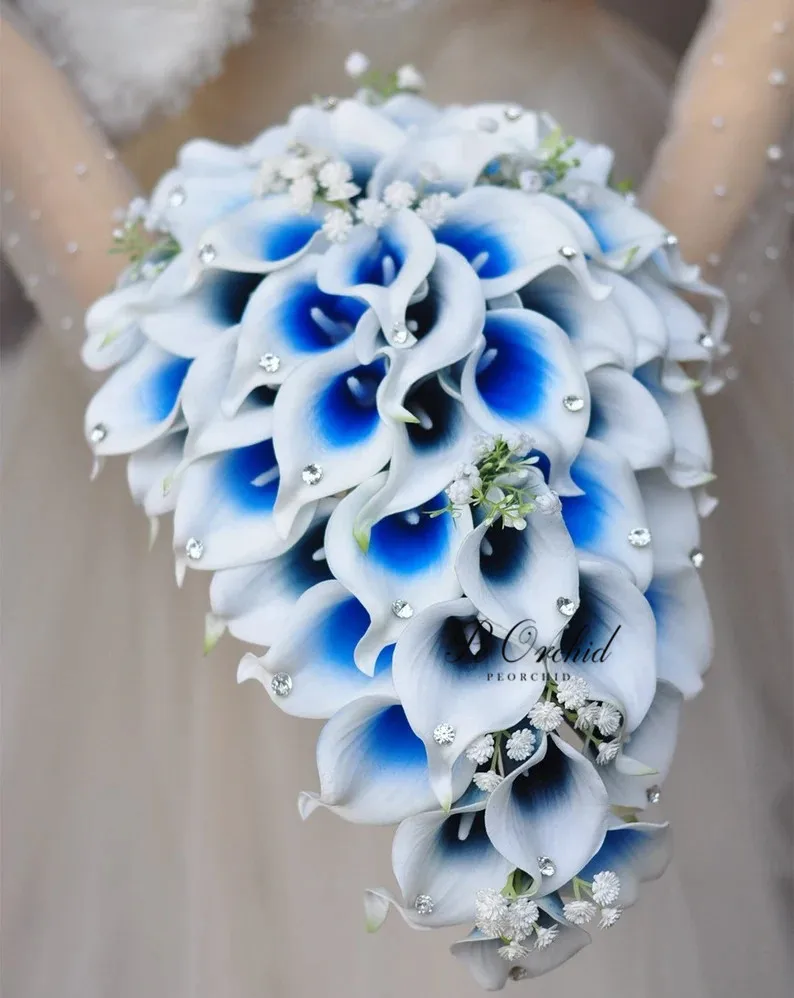 PEORCHID Artificial Cascading Wedding Flowers Bouquet White Royal Blue Calla Lily Crystal Bridal Bouquet Bridesmaid Bouquet