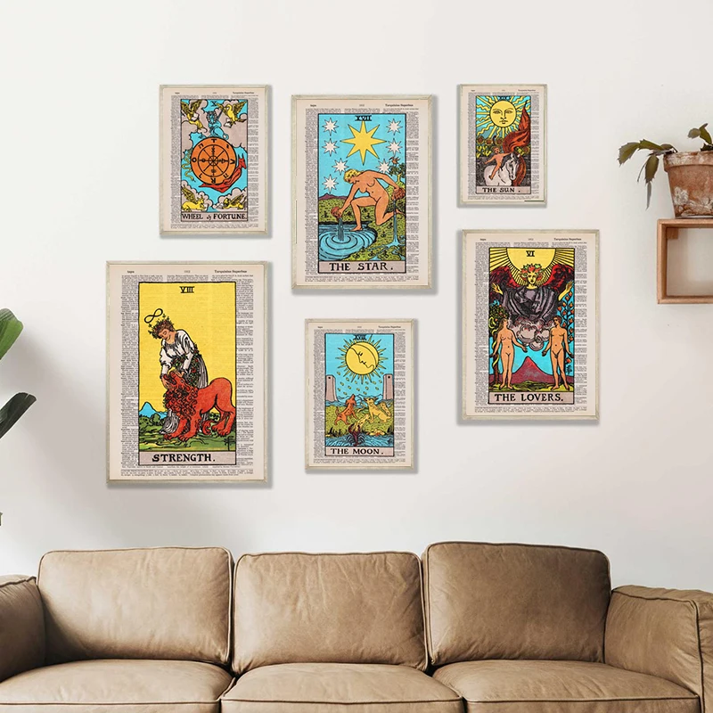 The Star Sun Tarot Vintage Posters Major Arcana Magician Card Canvas Painting Lovers Tarot Wall Art Prints Fortune Teller Gifts
