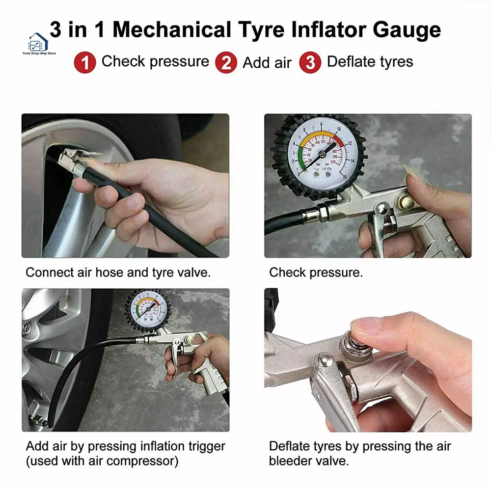 0-220PSI Air Tyre Inflator with Gauge For Car Van Tire Tool Tire Inflator Gauge Gun Pressure Guage Tester Air Compressor