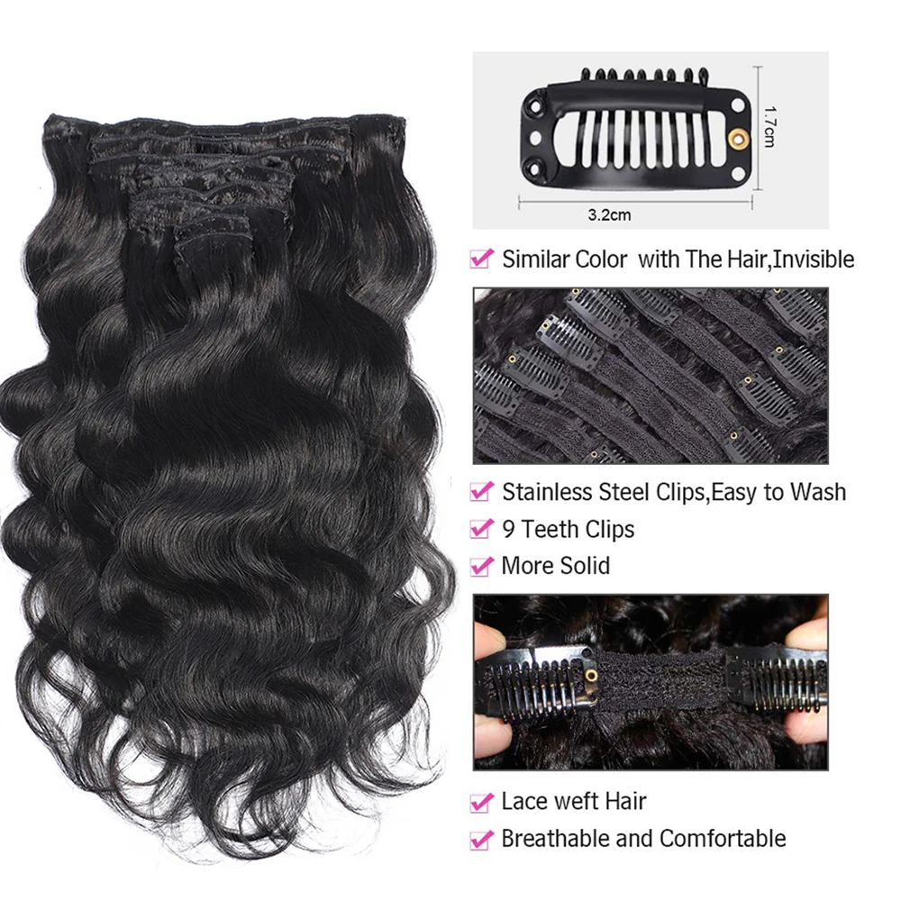 Extensions de cheveux humains Body Wave à clipser pour femmes, extension de cheveux brésiliens à clipser, tête complète, 120 g/ensemble