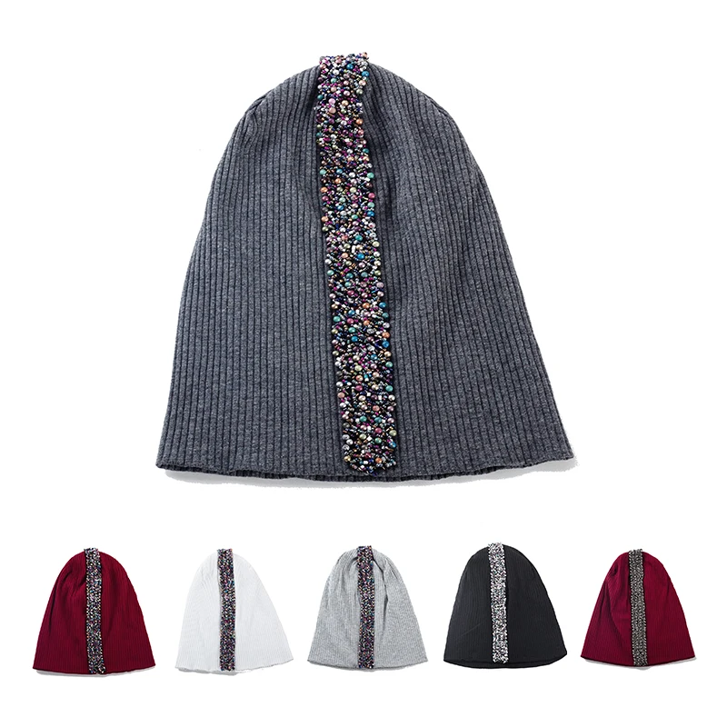 

Women Ribbed Knitted Beanies Hats Colorful Rhinestone Accessories Hat Baggy Slouchy Bonnet Fashion Unisex Autumn Winter Warm Cap