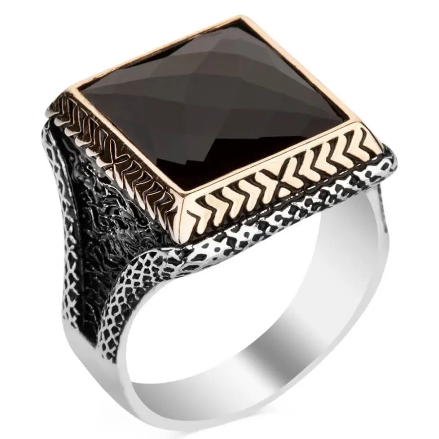 Square Design Sterling Silver Mens Ring with Black Zircon Stone Fashion Turkish Premium Quality Handmade Jawelery