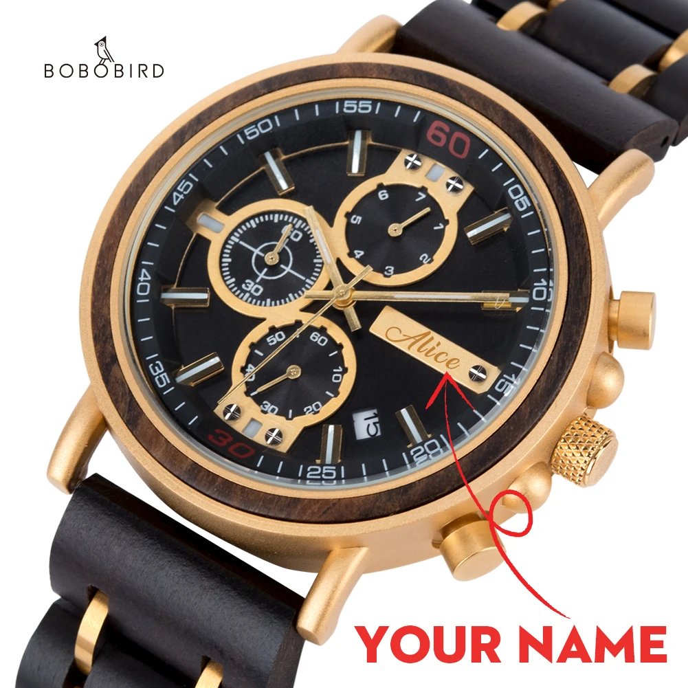 montre homme BOBO BIRD Personalized Name LOGO Wooden Men Luminous Watch Japanese Movement Chronograph Military Dropshipping