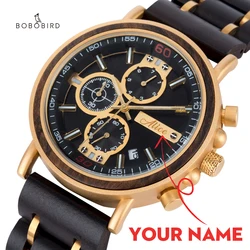 Montre homme BOBO BIRD nome personalizzato LOGO uomo in legno orologio luminoso movimento giapponese cronografo militare Dropshipping