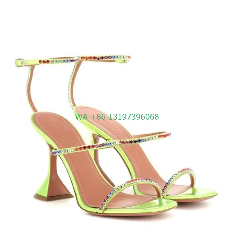 

women's lime green open toe bling sandals double layer t strap buckle shoes summer shaped heel sandals diamond bling footwear