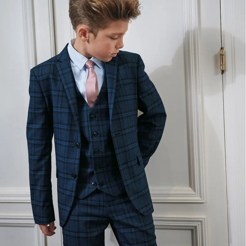 

Custom Made Navy Check Boys Pants Suits 3 Pieces Set Tuxedos for Wedding Dinner Children Kids Tuxedo