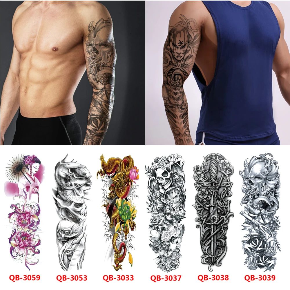 Full Arm Fake Tatoos For Men Waterproof Temporary Tattoo Large Size Sleeve Sticker Henna Skeleton Transfer Tattoos Makeup Tools