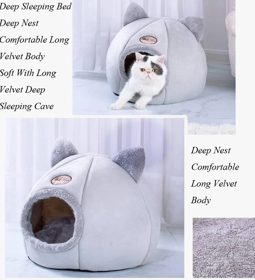 Cute Kitty Calming Cat Cave With Removable Cat Bed Cushion Deep Sleeping Comfortable Ped House Portable Small Dog Kitten Basket