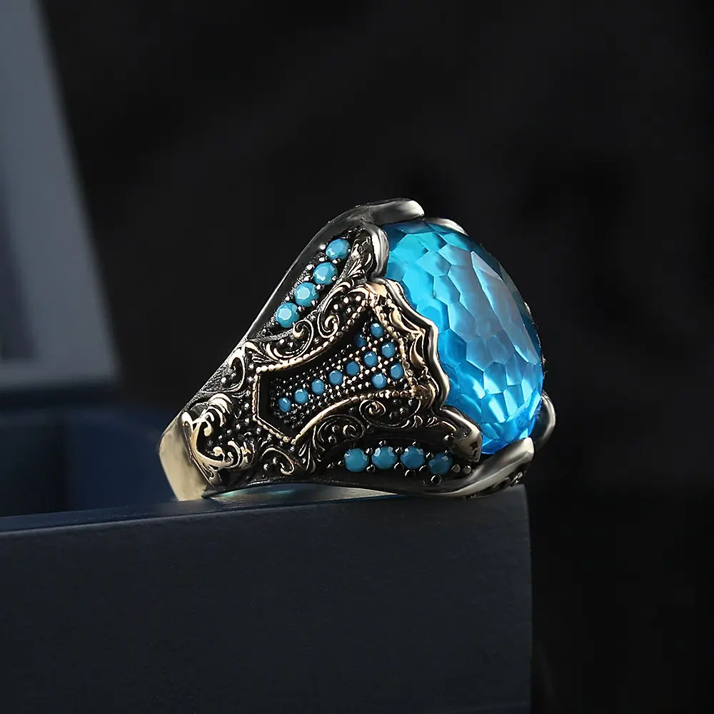 

MEN 'S 925 Sterling Silver Ring Aqua Marine Stone Gift Product Special Design Trendy Handmade Made in Turkey