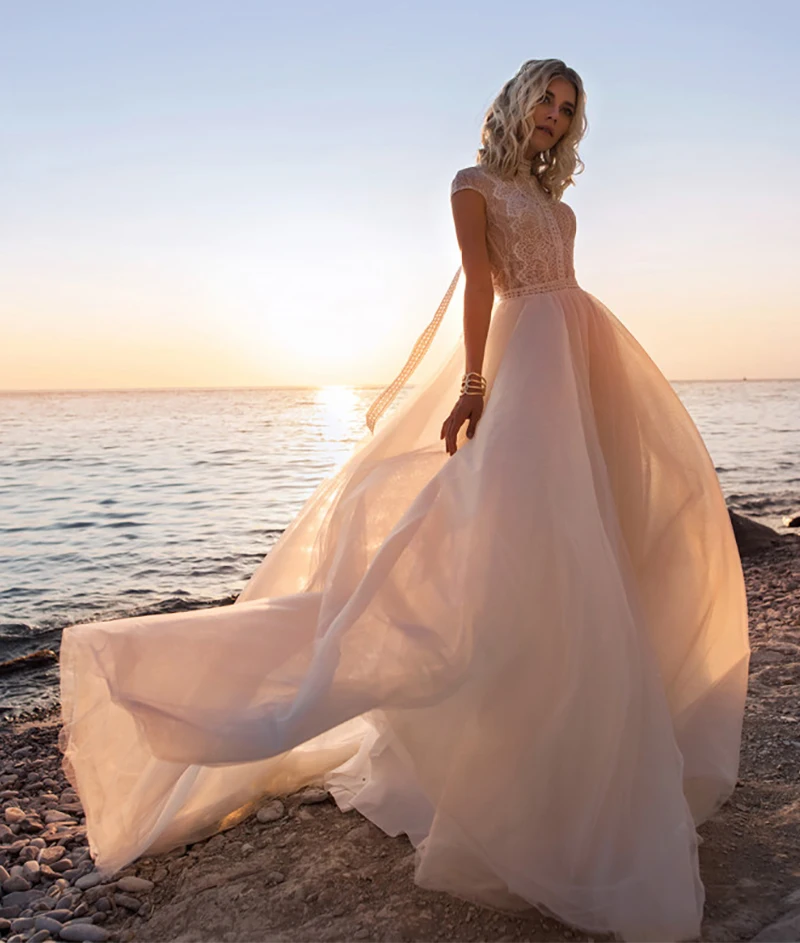 Boêmio praia alta pescoço laço vestido de casamento aberto voltar robe de mariee chiffon boné mangas vestidos de noiva feito sob encomenda mais tamanho