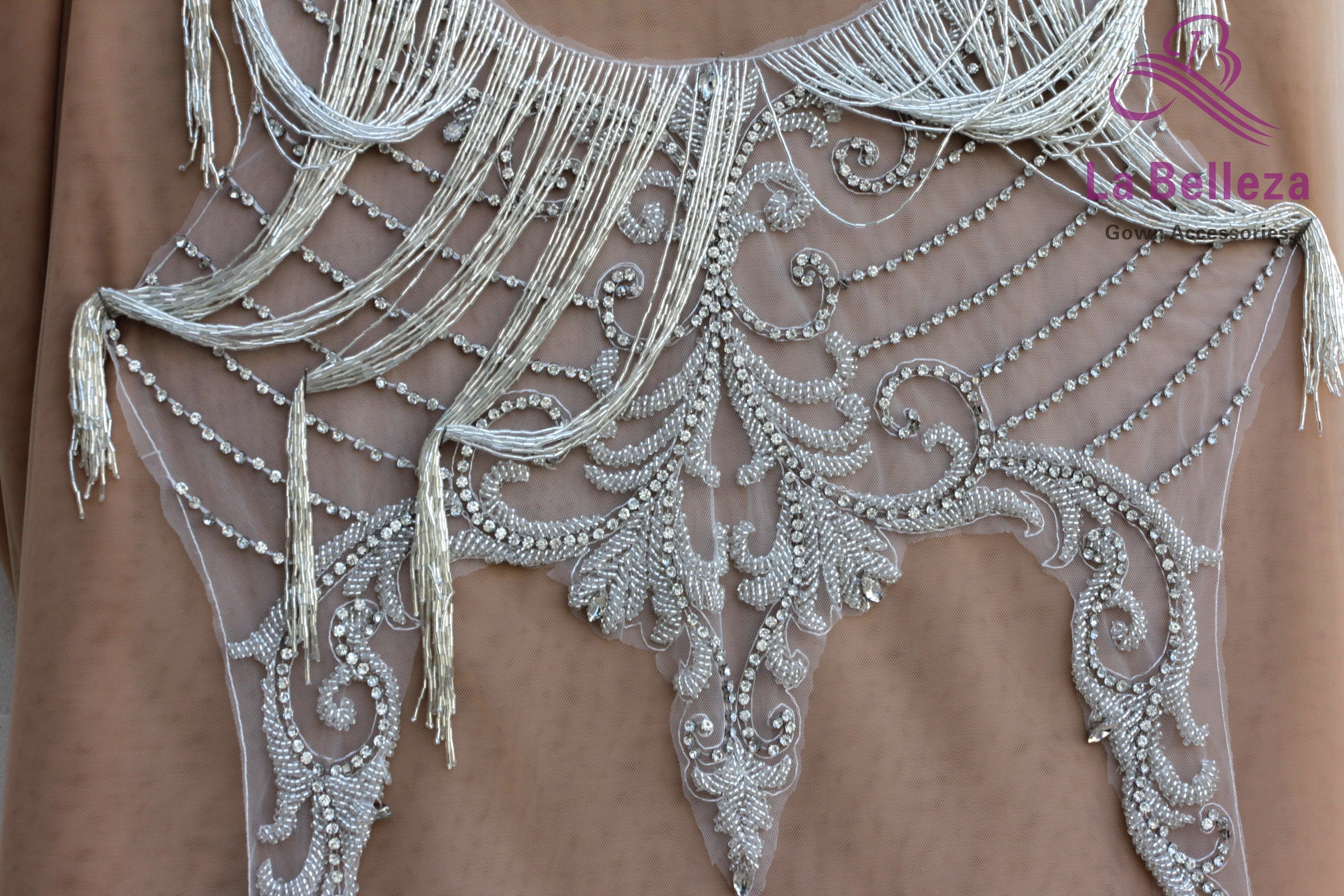 La Belleza fringe appliques,silver beads embroidery patch,crystal appliques,wedding gown appliques,silverbeaded patch by pieces