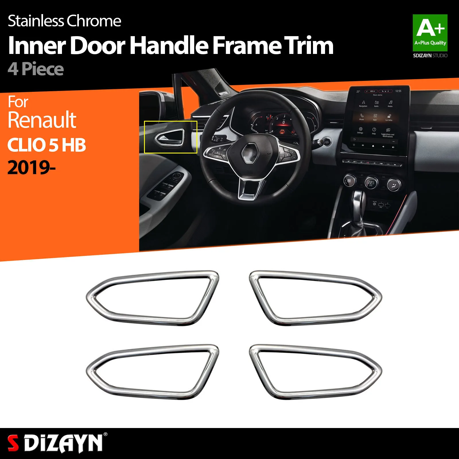 S Dizayn For Renault Clio 5 Chrome Inner Door Handle Frame Trim Stainless Steel 4 Pc Interior Car Accessories Parts Auto Product