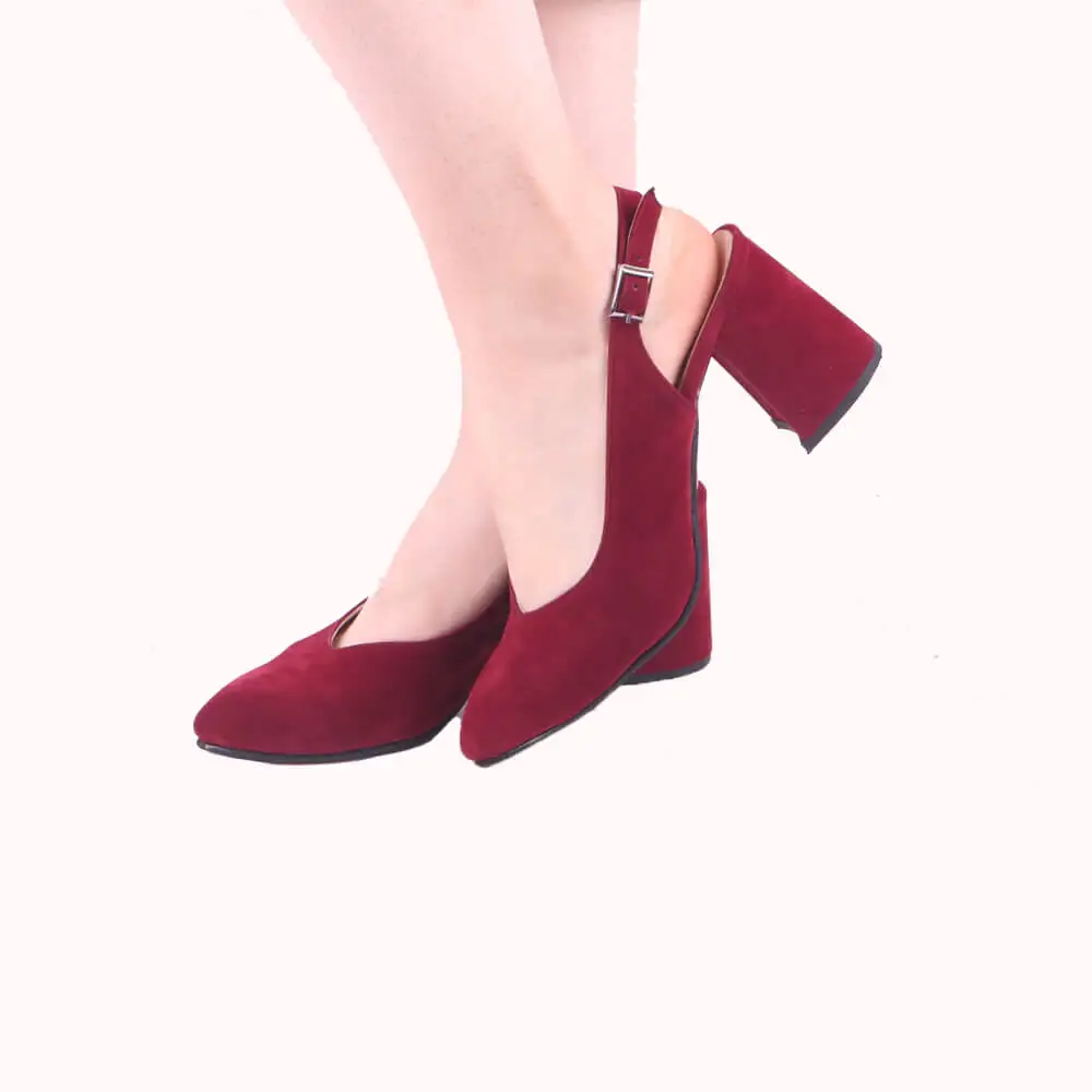 Burgundy Suede Ankle Strap Women Sandals Pointed Toe Heels for Women Thick Heel Pumps for Women 7 cm Heels Women Ladies Pumps