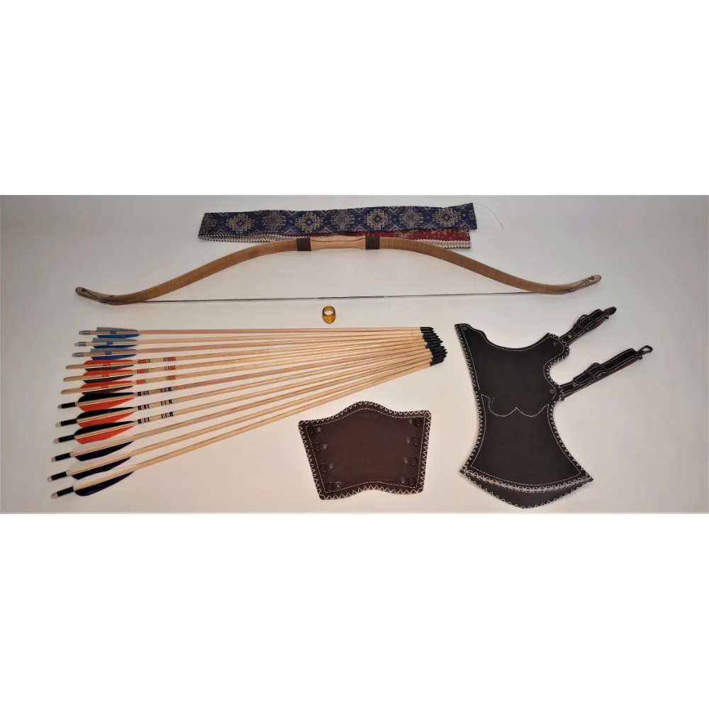 TURKISH OTTOMAN STYLE ARCHERY BOW SET 30-45 lbs TRADITIONAL LAMINATED WOODEN BOW - 12 Pcs ARROWS - QUIVER - ARMGURAD - THUMBRING