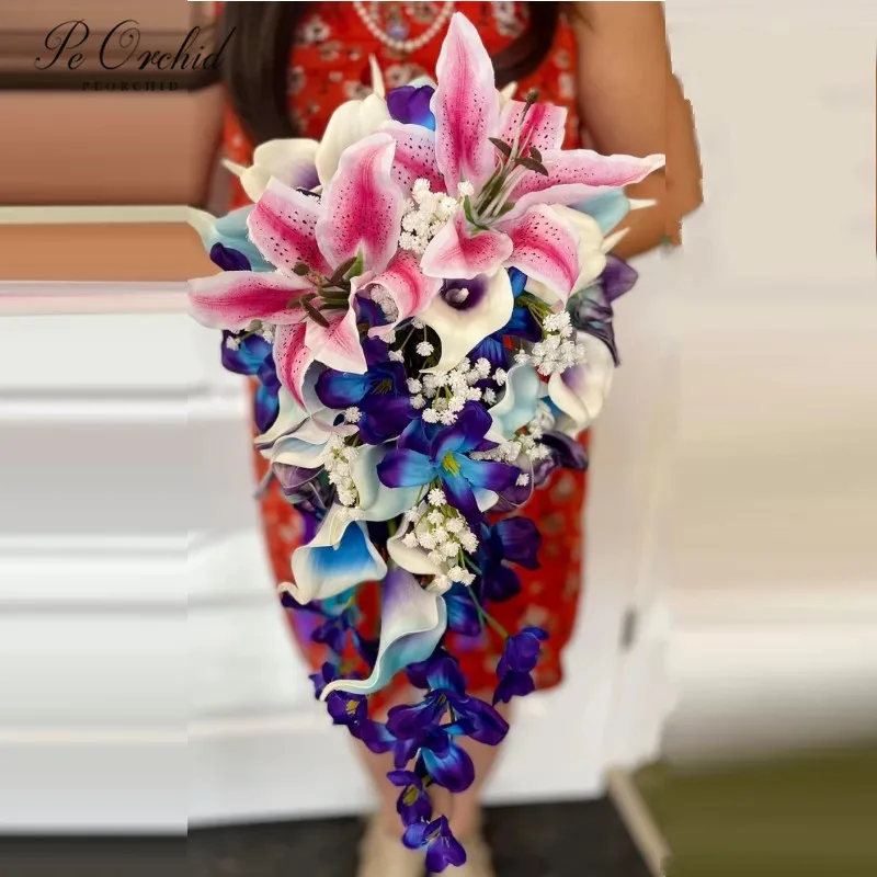 

PEORCHID Galaxy Cascading Wedding Bridal Bouquet Purple Blue Brouidboeket Fake Flowers Pink Tiger Lilies Teardrop Bouquet