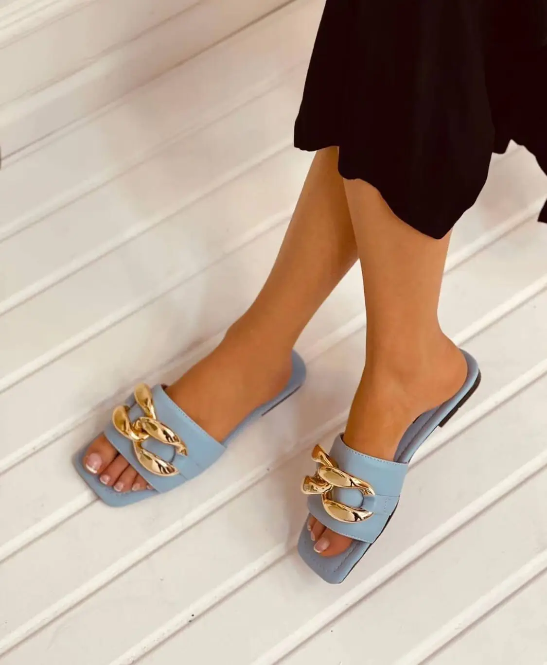 2023 New Fashion Women Buckle Flat Base Slippers Sandal Luxury Spring Summer High Quality Made in Turkey Beige Blue Powder Pink