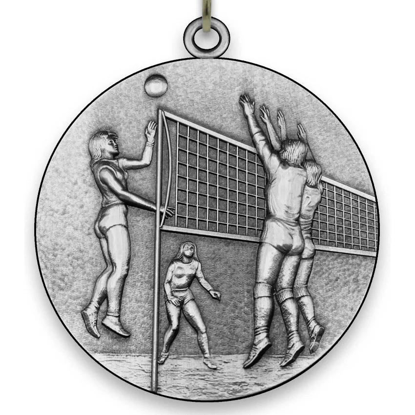 Large Metal - Volleyball Medal - Female - Silver - 6,4 cm - with Neck Ribbon size 2,2cm x 80 cm, Choice of Ribbon Colours.