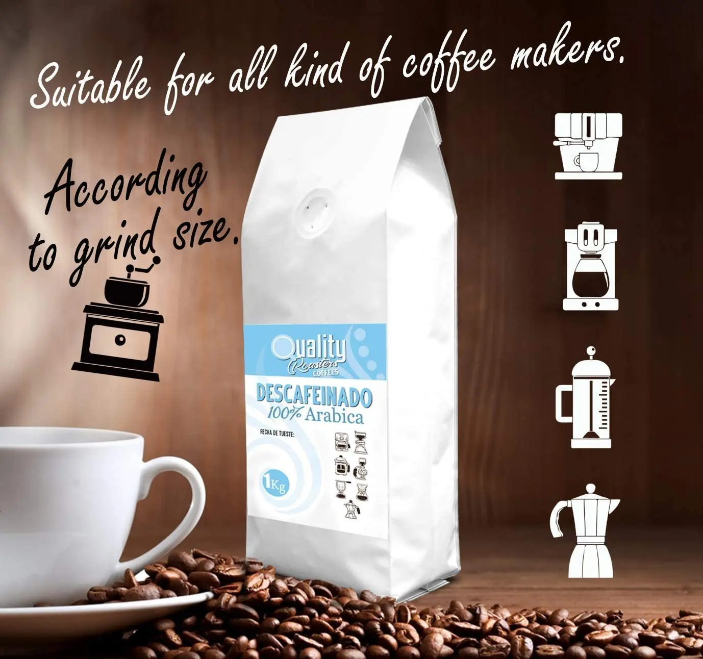Quality Roasters Coffees. Café en grano natural. Descafeinado. 100% Arábica. Pack de 4 Kg. Tostado artesanal. Tueste Medio. 4 x 1 Kg.