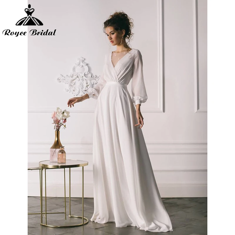 

Simple V-neck Long Lantern Sleeves Sashes Pleat Lace A-Line Wedding Dress 2022 Chiffon Bride Gown Sweep Floor-Length Robe