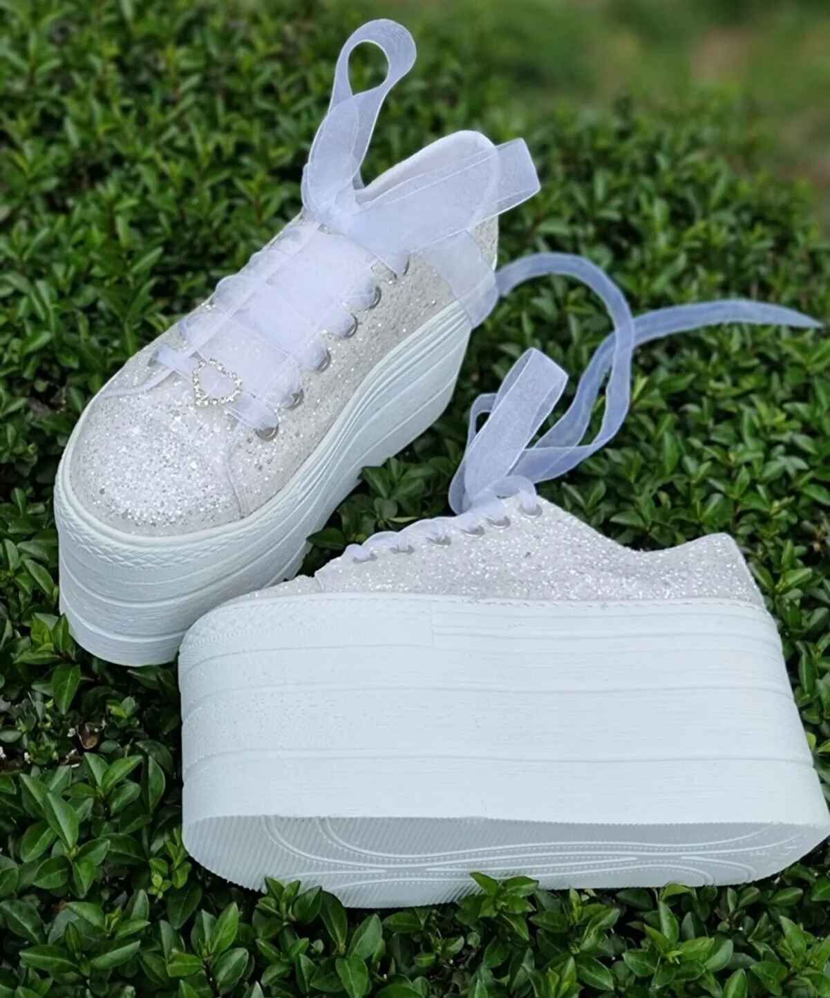 High Sole Stilo Shoes 10CM  White Glitter Glitter Bridal Shoes Sneakers High Sole Sports Women's White Shoes Crystal Glitter