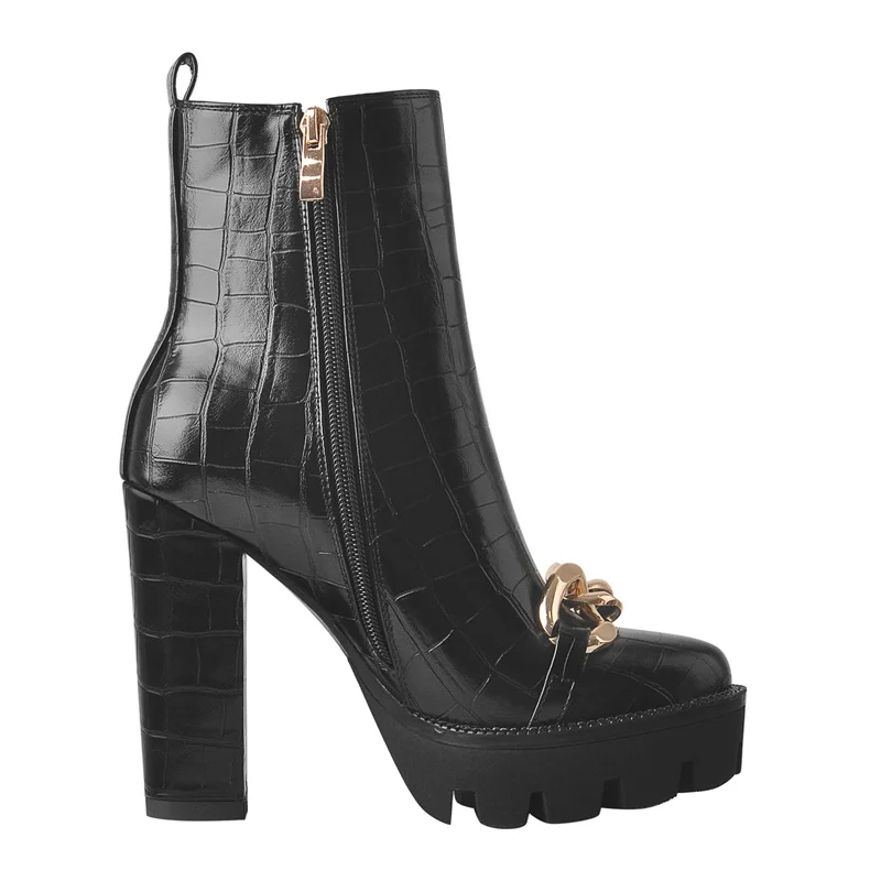 Onlymaker Platform Boots High Heels Matte Black Ankle Boots Metal Decoration Crocodile Print Side Zipper Big Size Booties