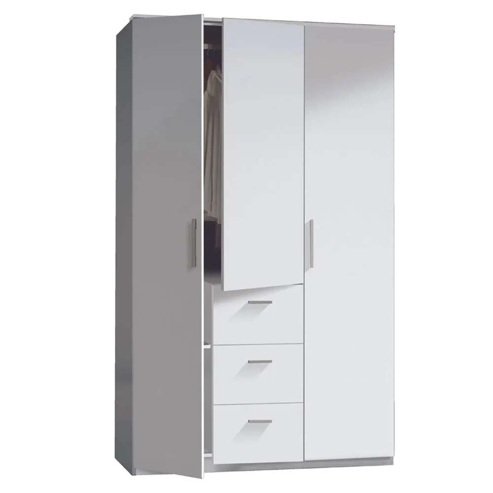 Wardrobe three doors and three drawers, finished in bright white. Measures: 117x203x52 cm