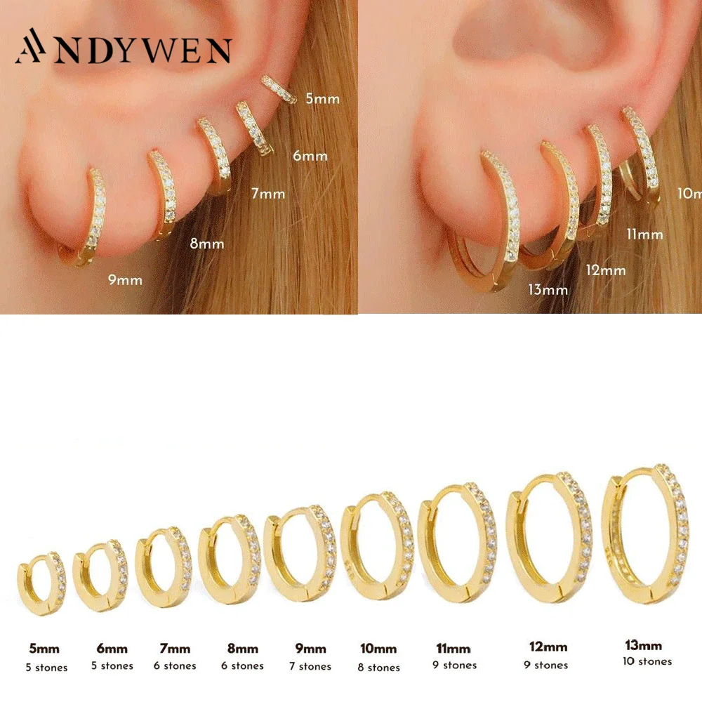 ANDYWEN 925 스털링 실버 골드 지르콘 CZ 5mm 6mm 7mm 8mm ~ 13mm Huggies Hoops 피어싱 Pendiente 클립 Luxury Fine Jewelry 