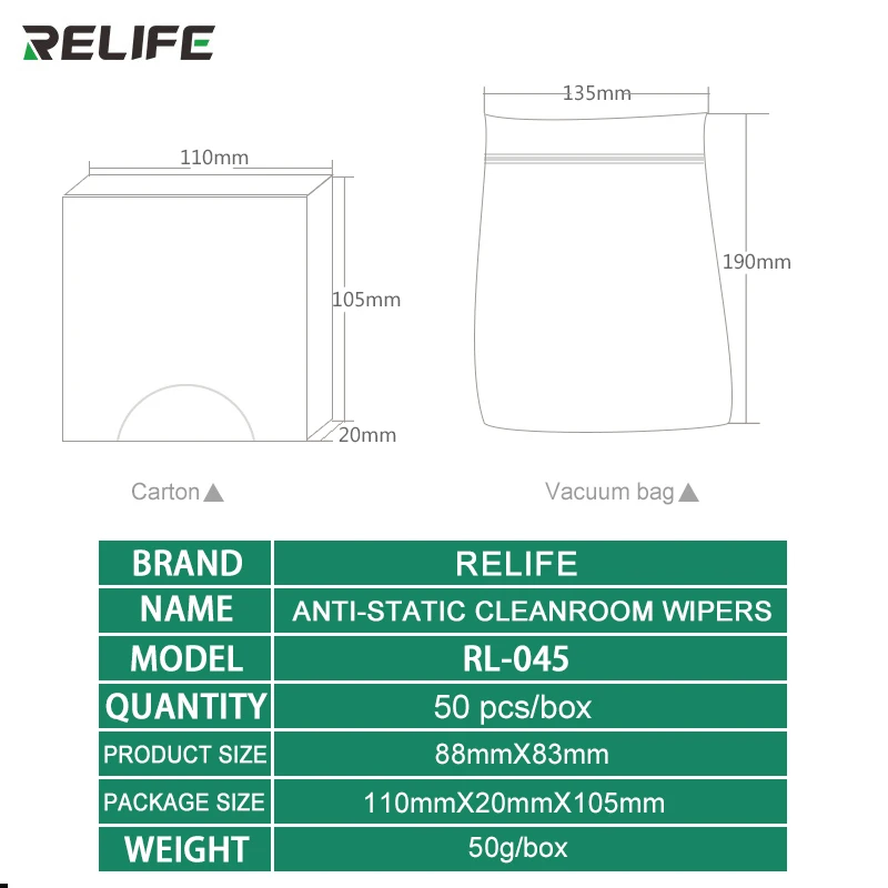 RELIFE RL-045 50Pcs/Box Soft Cleanroom Wiper Cleaning Non Dust Cloth Dust Free Paper Clean for Mobile Phone Tablet Camera