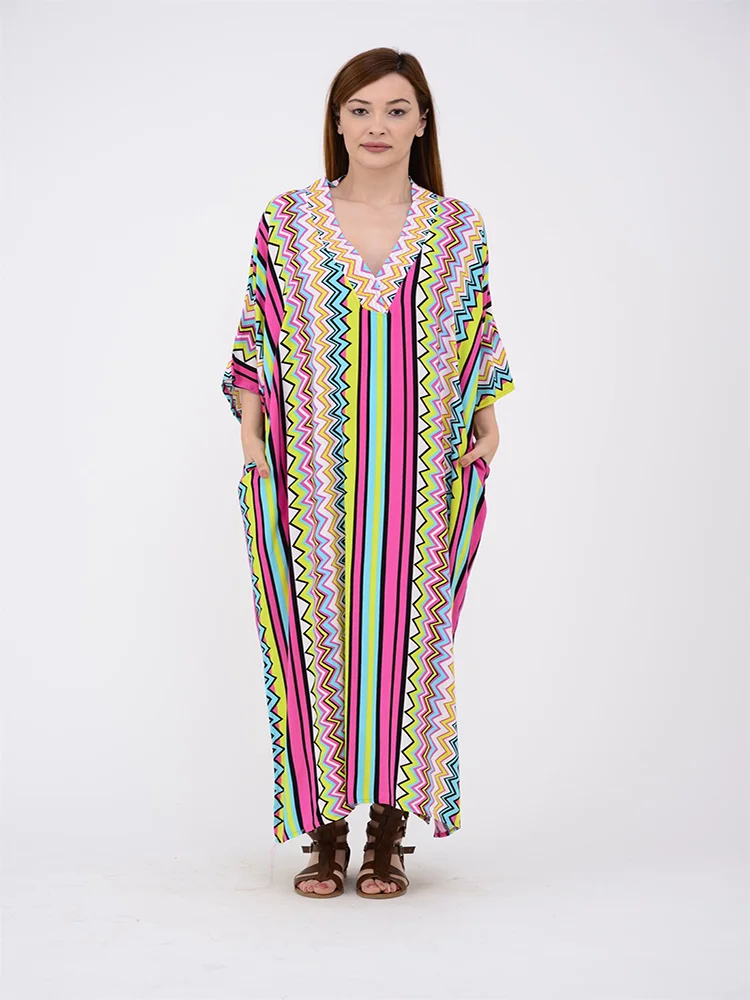 

Multi Color Line Pattern V-Neck Cotton Viscose Fabric Long Boho Dress 2022 New Fashion Women's Clothing Collections