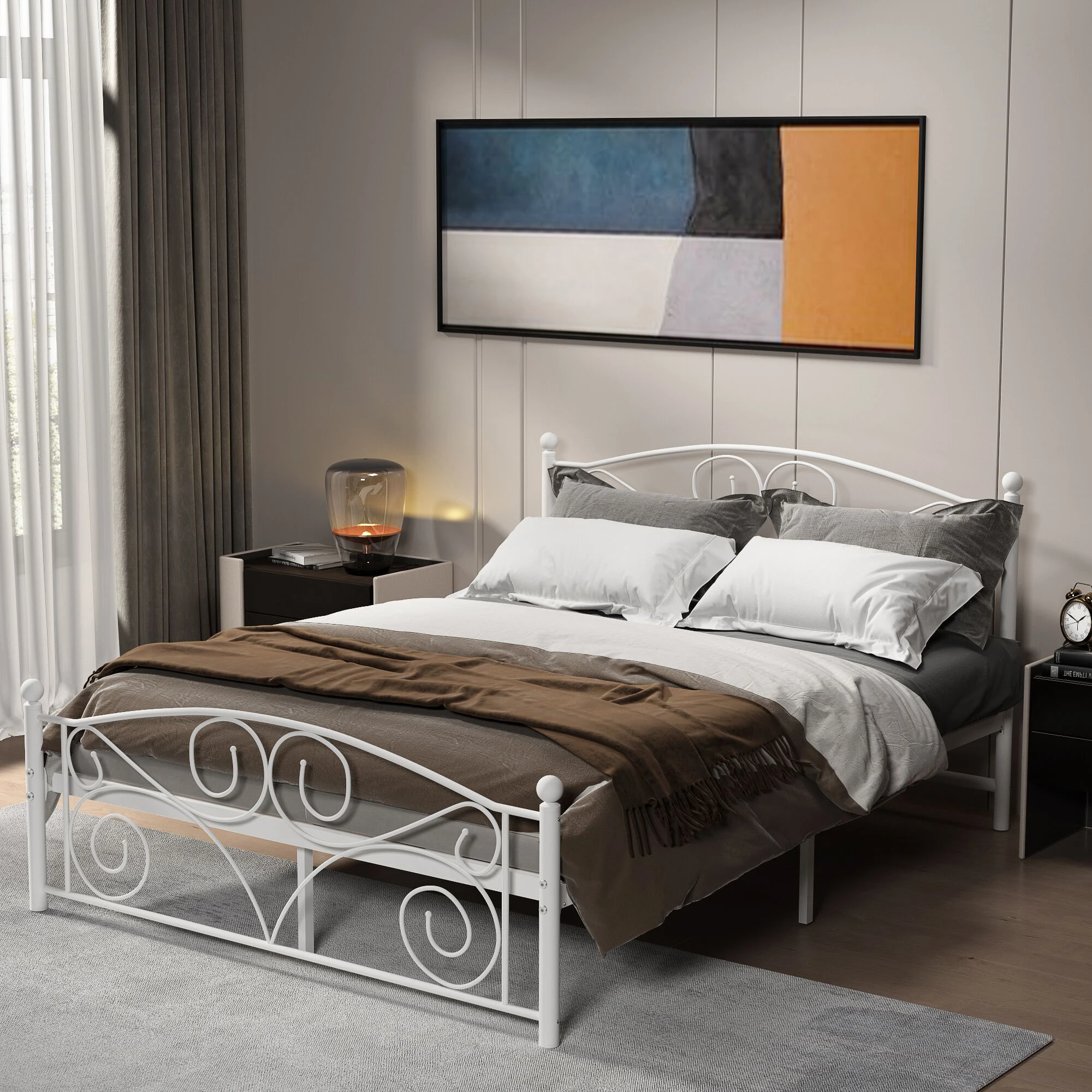 Queen/Full/Twin Size Bed Unique Flower Sturdy System Metal Bed Frame with Headboard and Footboard[US-W]