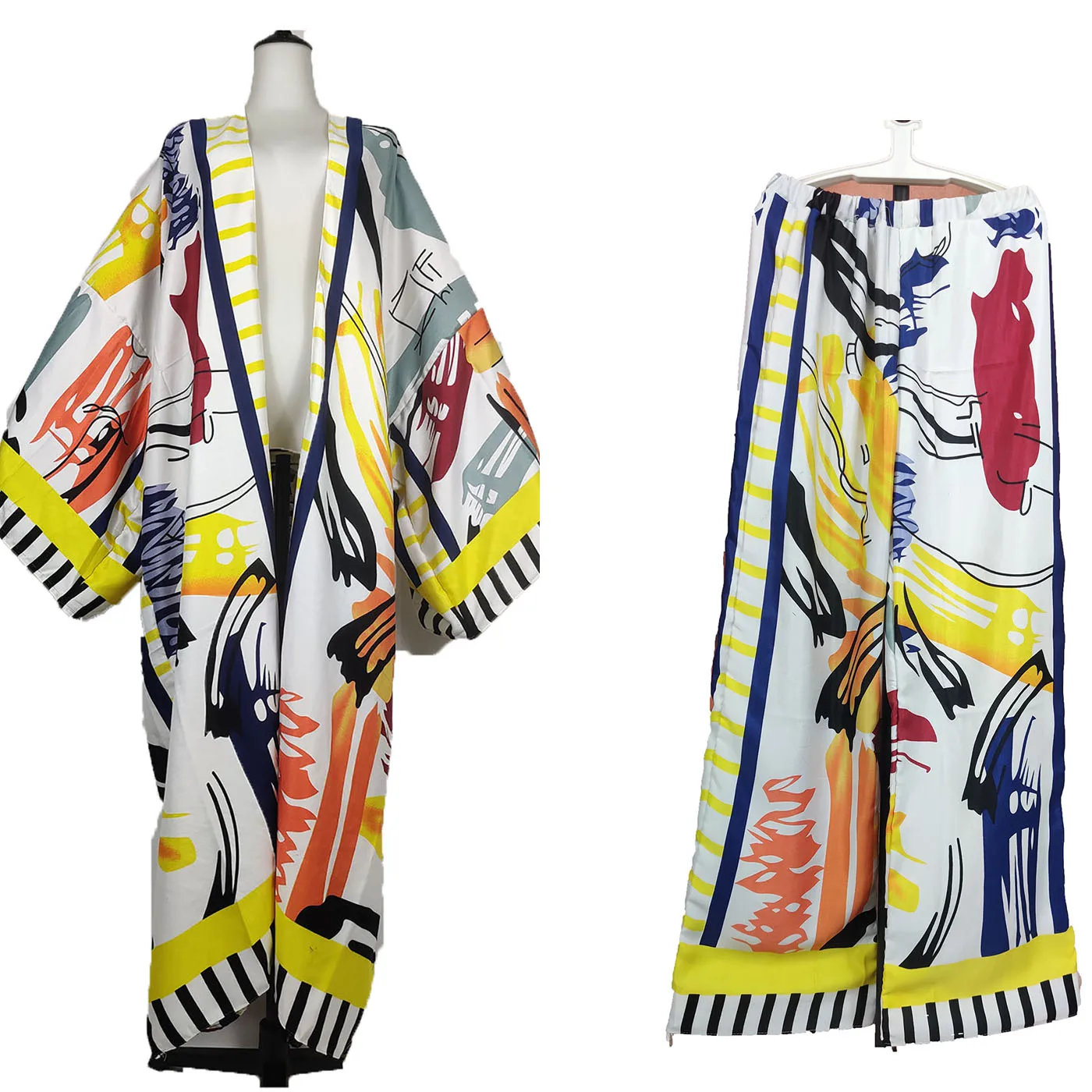 African Women Fashion Outfits Printed Two Pieces Set Plus Size Bohemian Kuwait Loose Kaftan Pants +Long Kimonos For Party
