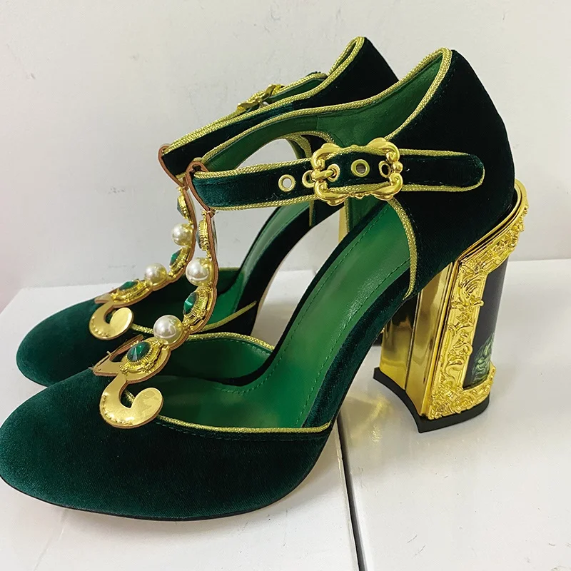 Zapatos de tacón alto grueso para mujer, sandalias sexys con decoración de Metal, punta redonda, cubierta de hebilla en el tobillo, color verde, para verano