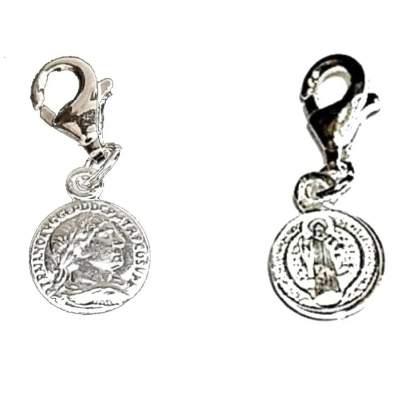 Lot 2 pendants CHARMS sterling silver SAN BENITO with cross San Benito 10 mm + carabiner and Roman Coin 8 mm + carabiner. Ideal case for each charm