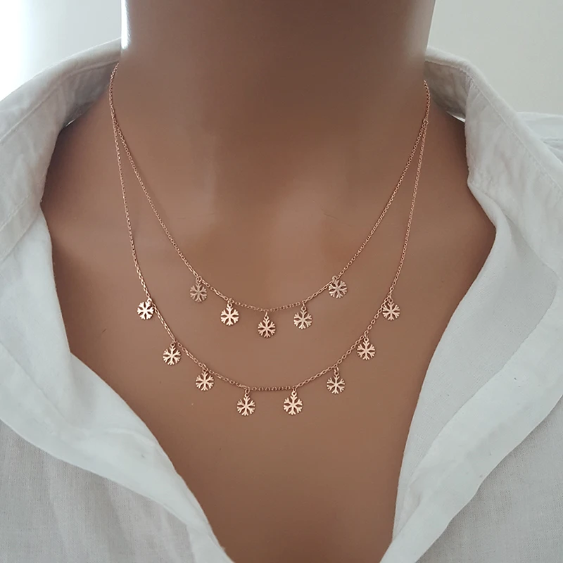 Snowflake Layer Necklace 925 Silver Minimalist Necklace Rose Gold Choker Double Layer